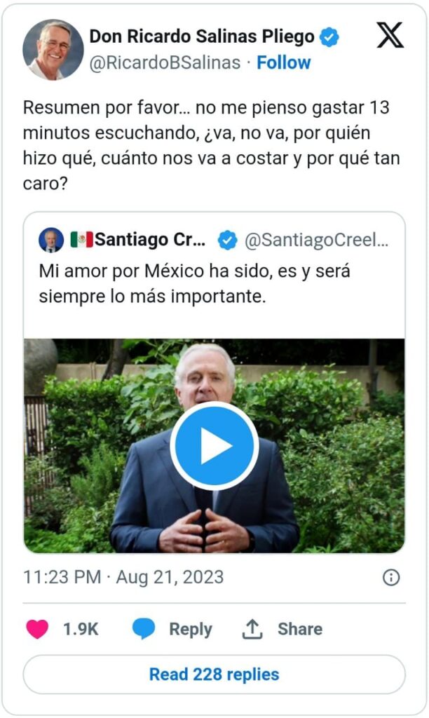 Ricardo Salinas Pliego Se Burla De Declinaci N De Santiago Creel